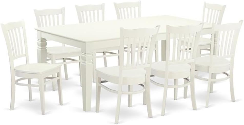 East West Furniture LGGR9-LWH-W 9 Piece Kitchen Table Set Includes a Rectangle Dining Table with Butterfly Leaf and 8 Dining Room Chairs, 42x84 Inch, Linen White