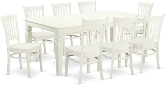 East West Furniture LGGR9-LWH-W 9 Piece Kitchen Table Set Includes a Rectangle Dining Table with Butterfly Leaf and 8 Dining Room Chairs, 42x84 Inch, Linen White