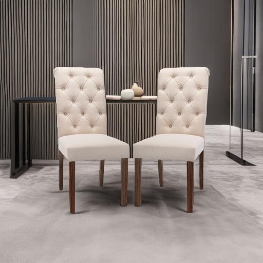 COLAMY Tufted Upholstered Dining Chairs Set of 2, Accent Parsons Chairs with Solid Wood Legs and Padded Seat, Beige