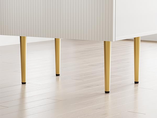 White Nightstand for Bedroom, Fluted Night Stand, End Table for Living Room, Mid Century Modern Bedside Table with Drawers, Bed Side Table with Gold Metal Legs, Bedroom Furniture Stripe