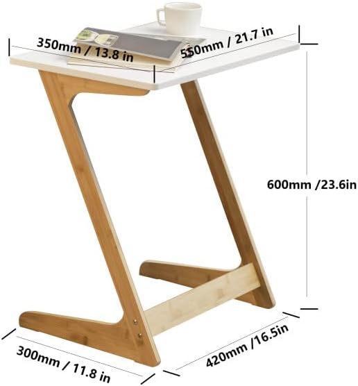 Forevich Bamboo Modern Tv Trays Table for Eating, Wood Couch Table End Snack Desk Sofa Side Table Z Shaped White