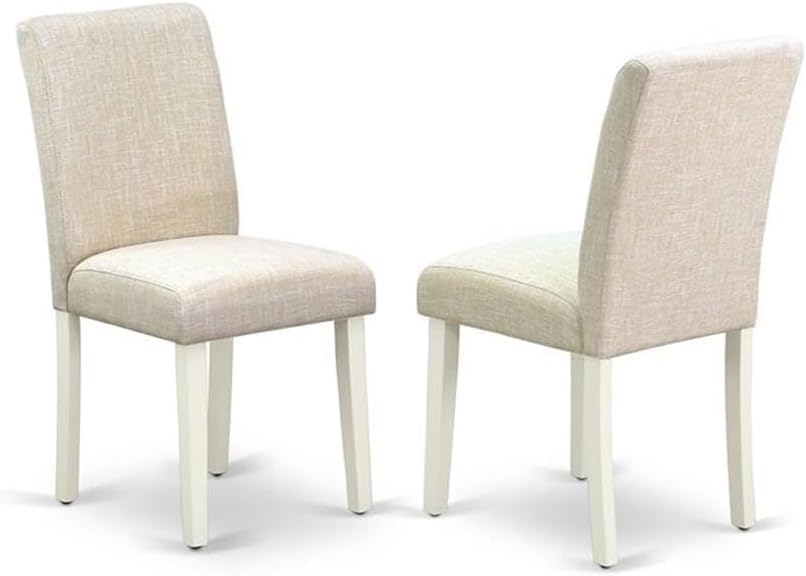 East West Furniture DMAB5-LWH-02 5 Piece Dining Table Set for 4 Includes a Round Kitchen Table with Dropleaf and 4 Light Beige Linen Fabric Parson Dining Chairs, 42x42 Inch, Linen White