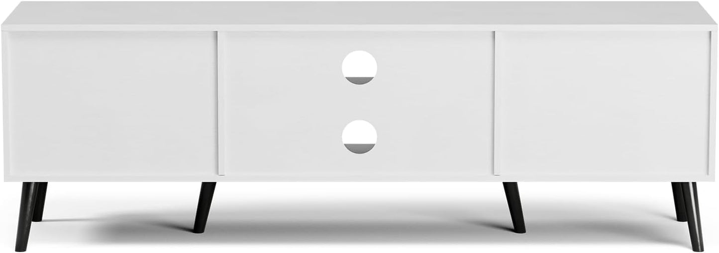 TV Stand for TVs up to 65'', Mid Century Modern Entertainment Center with Rattan Door, Shelves & 2 Cabinets, Boho Media TV Console for Living Room, Bedroom, White