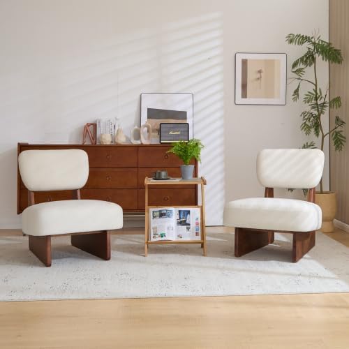 Christopher Knight Home Mores Low Profile Accent Chair Set of 2, Modern Living Room Armless Lounge Chair, Fabric Comfy Reading Chair for Bedroom, Wooden Frame and Thick Padded Seat, White+Walnut