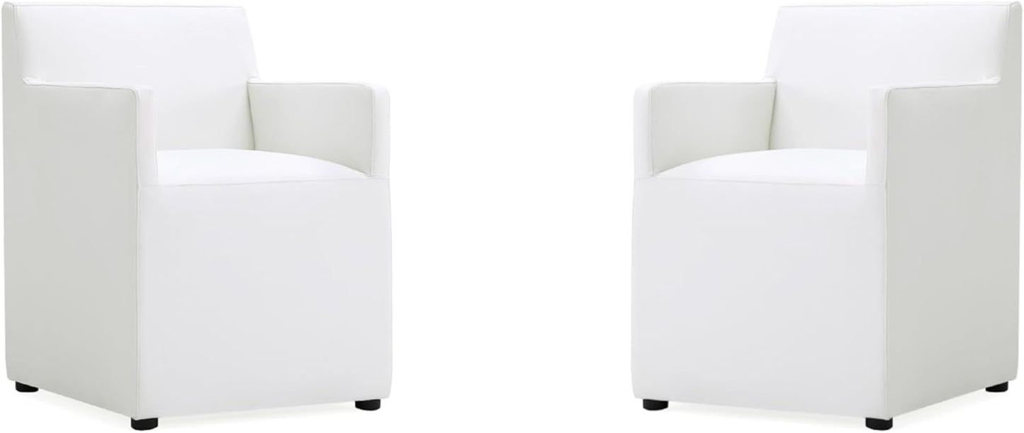 Manhattan Comfort Anna Square Modern Dining Chair with Arms, Head-to-Toe Faux Leather Upholstered Accent Armchair with Plastic Foot Padding, Set of 2, Cream