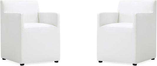 Manhattan Comfort Anna Square Modern Dining Chair with Arms, Head-to-Toe Faux Leather Upholstered Accent Armchair with Plastic Foot Padding, Set of 2, Cream