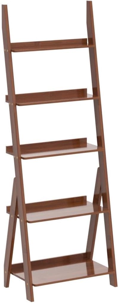 Maydear Bamboo Ladder Shelf Bookcase, 5-Tier Leaning Bookshelf Free Standing Organizer Storage Shelves for Living Room, Bedroom, Kitchen, Home Office, Balcony, Walnut