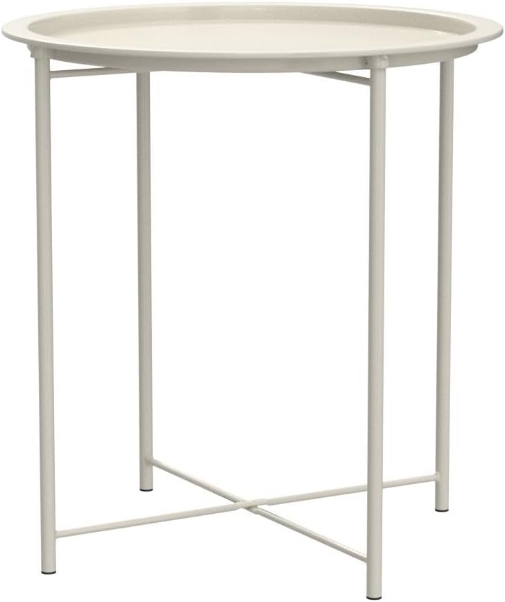 VECELO Side/End Table, Folding Round Metal Anti-Rust and Waterproof Outdoor or Indoor Tray for Living Room Bedroom Balcony and Office, 2 PCS, Beige