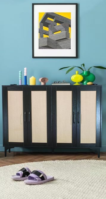 Buffet Sideboard, Side Storage Cabinet, entryway Cabinet, Buffet Sideboard with Rattan, Featuring 4 Doors and Adjustable Shelves, Suitable for Living Room (Black)