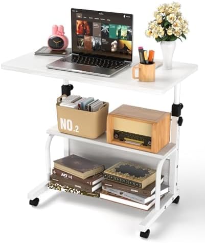 Portable Desk with Wheels Small Standing Desk on Wheels Adjustable Height Rolling Desks for Small Spaces, 32" Computer Desks with Storage Shelves for Home Office Study White
