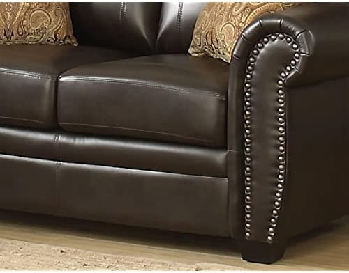 AC Pacific Louis Traditional Upholstered Leather Living Room Piece with Antique Brass Nail Head Trim, 2 Set, Umber