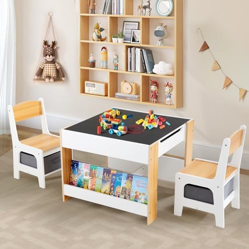 Asweets Kids Table and Chair Set,4 in 1 Toddler Desk with Storage Drawer,Wooden Activity Table for 2 in 1 Detachable Tabletop,Bookshelf,Suitable for Classroom,Home,Nursery,Playroom (Pure White)
