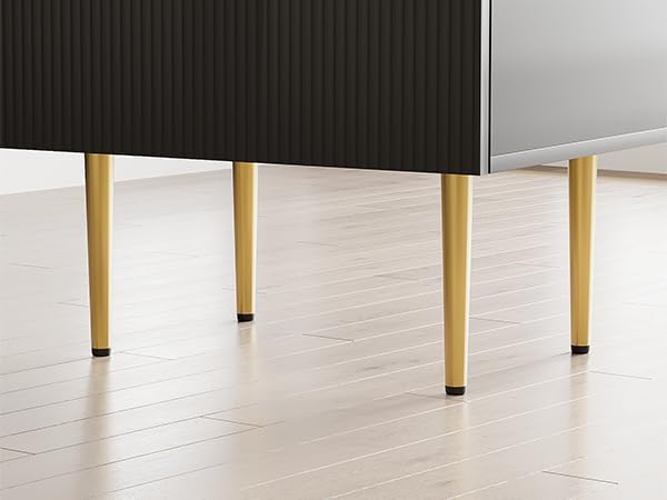 Black Nightstand for Bedroom, Fluted Night Stand, End Table for Living Room, Mid Century Modern Bedside Table with Drawers, Bed Side Table with Gold Metal Legs, Bedroom Furniture Stripe