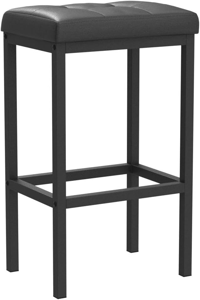 VASAGLE Bar Stools, Set of 2 PU Upholstered Breakfast Stool, 15.7 x 11.8 x 24.4 Inches, Backless, Simple Assembly, Industrial, Dining Room Kitchen Counter Bar, Black Seat and Black Frame ULBC068B81
