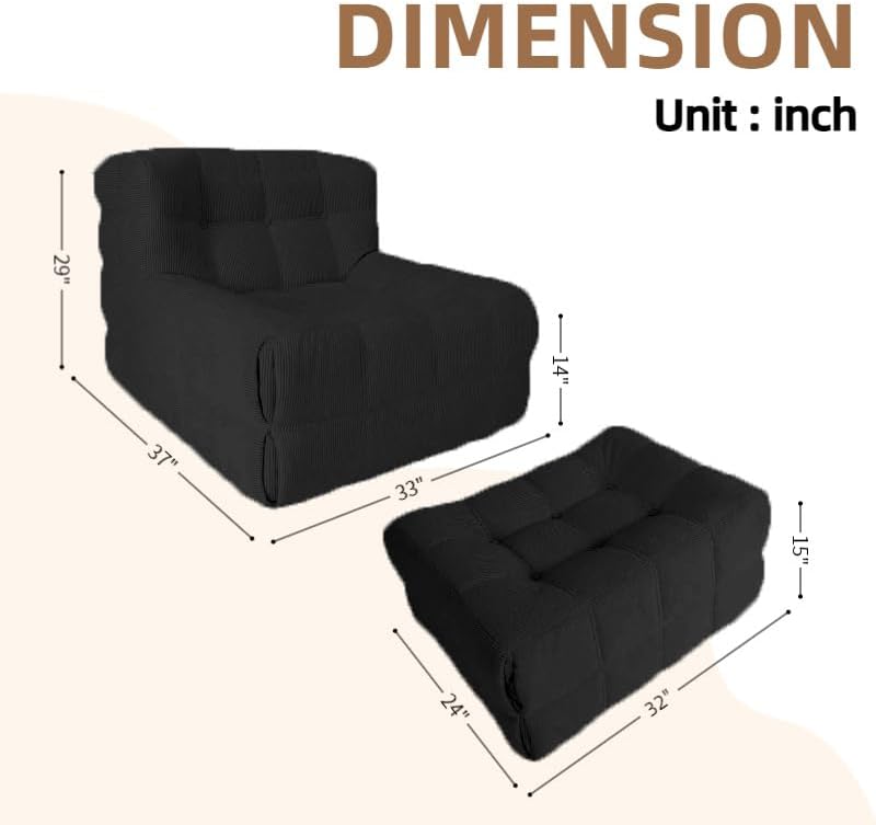 Bean Bag Chair - Memory Foam Bean Bag Chair for Adults, Comfy High-Resilience Single Sofa, Small Space Floor Chair, Chaise Lounge for Living Room, Bedroom (Black, Square + Ottoman)