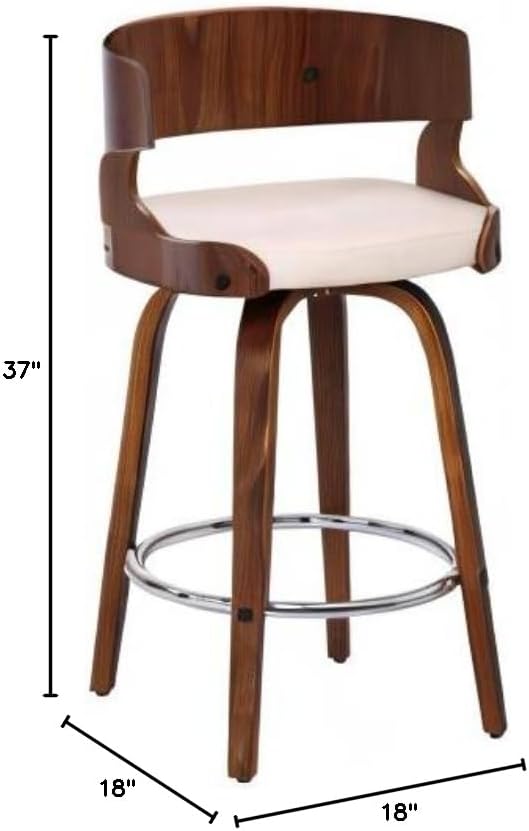 Armen Living Shelly 26" Counter Height Swivel Cream Faux Leather and Walnut Wood Bar Stool - Set of 2