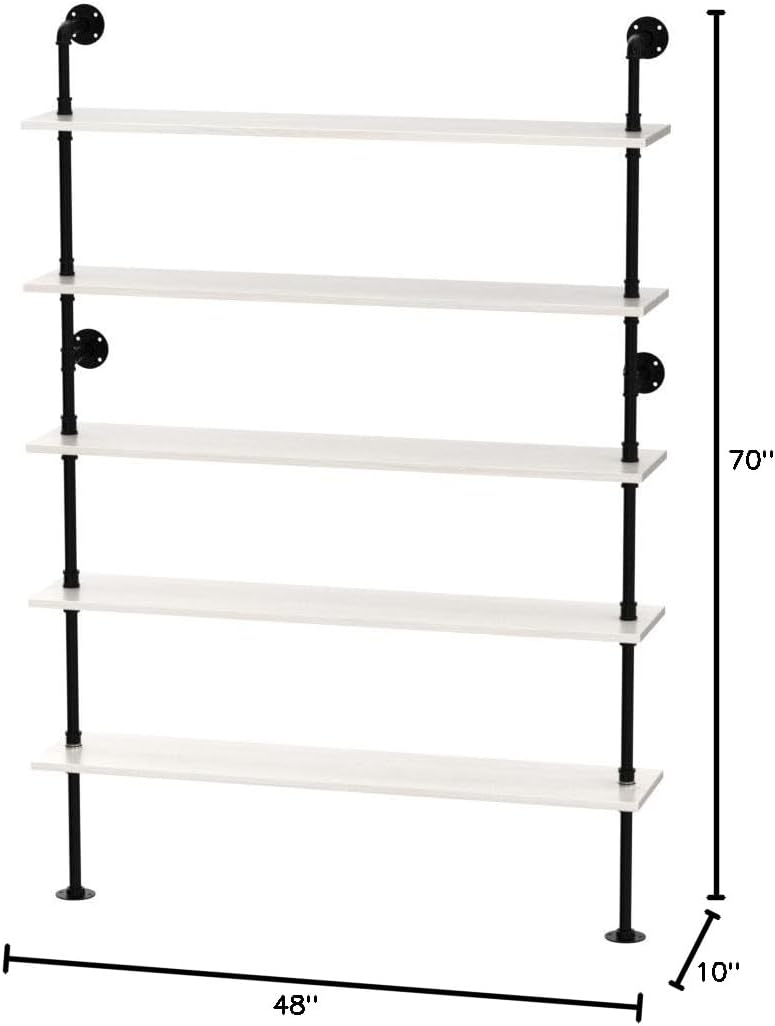 Pipe Industrial Ladder Shelves Bookcase, Wall Mounted Retro Wood Metal Pipe Rustic Bookshelf (White, 5 Tier - 10" D x 48" W x 70" H)