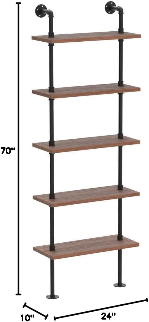 5 Tier Industrial Ladder Bookshelf, Wall Mounted Wood Metal Rustic Pipe Shelves (Weathered Brown, 5 Tier - 10" D x 24" W x 70" H)