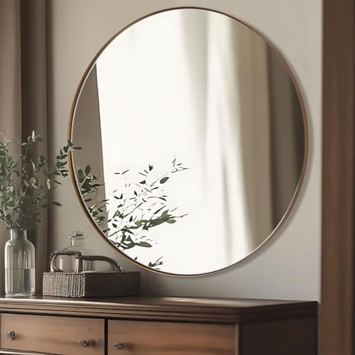 ANDY STAR Round Wall Mirror, 30 Inches Brushed Bronze Bathroom Mirror, Modern Vanity Mirror in Stainless Steel Frame