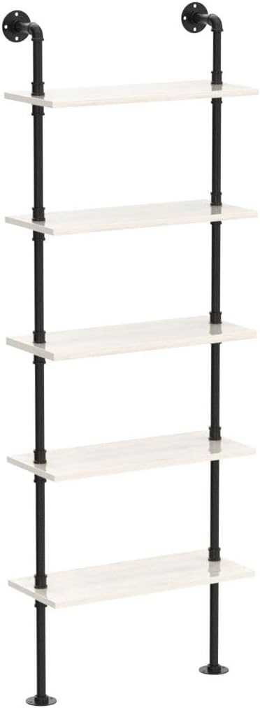 Pipe Shelves, 5 Tier Industrial Ladder Bookcase, Wall Mounted Metal Wood Rustic Bookshelf (White, 5 Tier - 10" D x 24" W x 70" H)