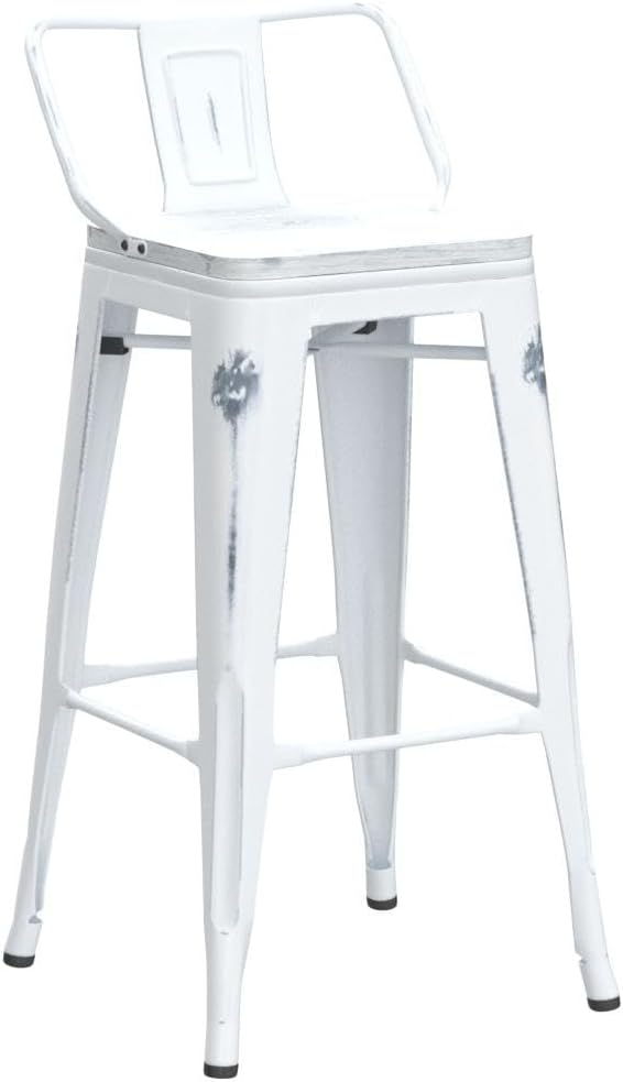 26 Inch Swivel Bar Stools Set of 4 with Backs Counter Height Industrial Metal Barstools Island Bar Chairs for Home Kitchen Dining Room (Swivel 26 inch, Distressed White Wooden)