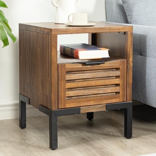 Bme Millie Solid Acacia Wood Rustic Nightstand with Drawers & Open Shelf, Pre-Assembled Modern Industrial Side Table for Bedroom or Living Room Use