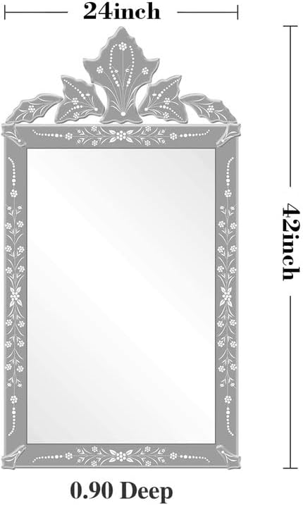 KOHROS Bathroom Vanity Decorative Mirrors for Wall Decor 42" x 24" Venetian Wall Mirror with Floral Etched Design Crown Top Frameless Wall Mirror for Bedroom Bathroom Vanity
