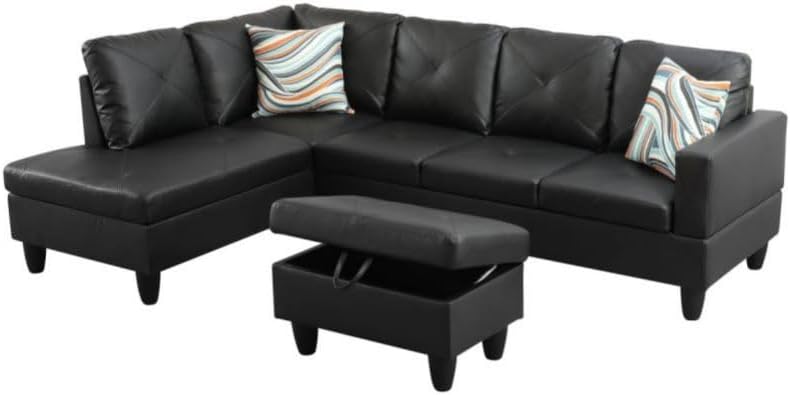 Black L-Shaped 3-Piece Faux Leather Sofa with Storage Ottoman Set, Sectional Couch Sofa Set for Living Room, Office, Small Space