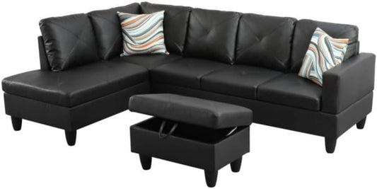 Black L-Shaped 3-Piece Faux Leather Sofa with Storage Ottoman Set, Sectional Couch Sofa Set for Living Room, Office, Small Space