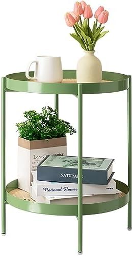 TeoKJ All Metal Side Table, 2 Tier Anti Rust End Table with Imitation Rattan Pattern on Removable Trays, Round Table for Living Room, Small Nightstand for Bedroom 20.47 Inch x 16.54 Inch Green
