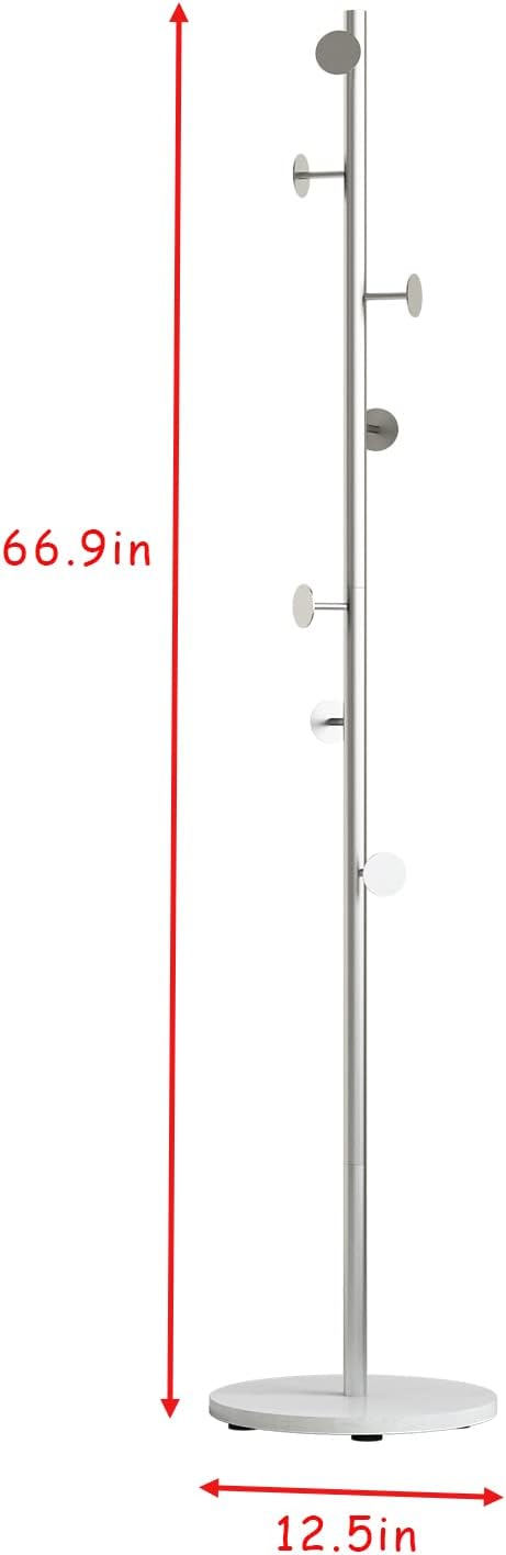 Silver Coat Racks, Metal Coat Rack Freestanding with Hooks, Entryway Coat Rack Stand, Coat Racks with Marble Base, Coat Tree for Hanging Clothes, Hats, Bags