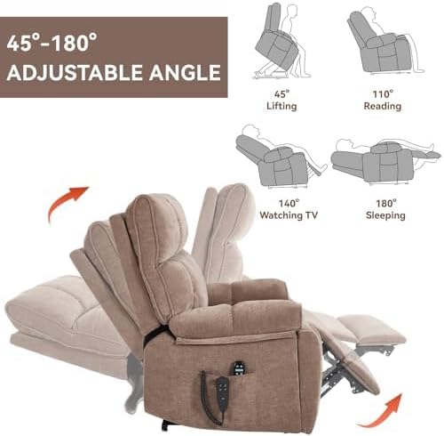Dual Motor Power Lift Recliner Chair, 8 Positions Vibration Massage Recliner Chair, Chenille Fabric Recliner with Cup Holder, Vibration Massage and Lumbar Heating for Adults and Elderly, Brown