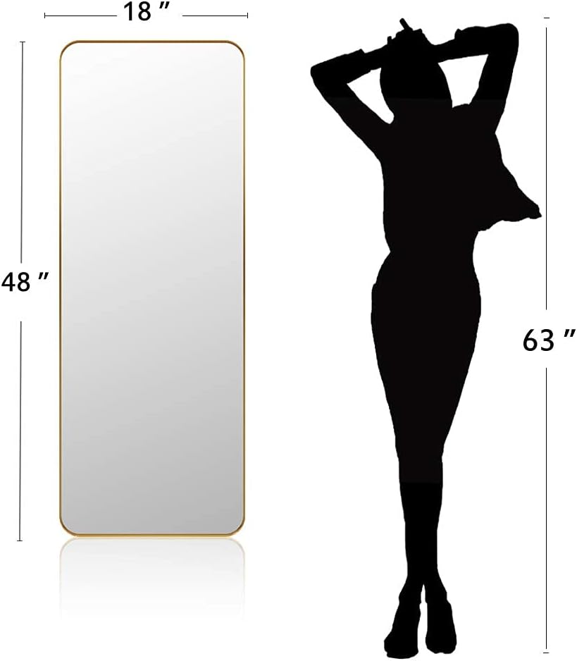 ANDY STAR 18" x 48" Full Length Wall Mirror, Large Brushed Gold Mirror for Bathroom, Rounded Corner Rectangle Body Mirror for Floor and Leaning