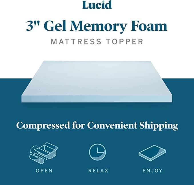 LUCID 3 Inch Gel Memory Foam Mattress Topper California King - Waterproof, Removable Cover, White