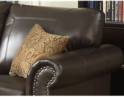 AC Pacific Louis Collection Traditional Upholstered Leather Living Room Piece with Antique Brass Nail Head Trim, Loveseat, Dark Brown