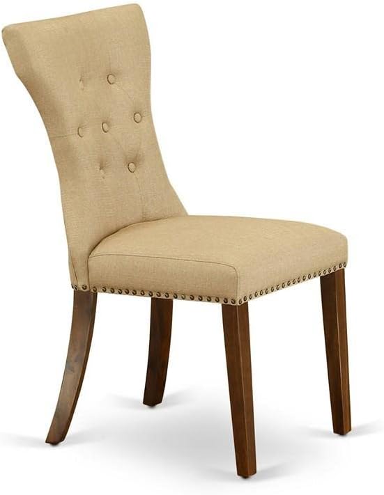 East West Furniture GAP8T03 Gallatin Parson Dining Chairs - Button Tufted Nailhead Trim Brown Linen Fabric Upholstered Chairs, Set of 2, Walnut