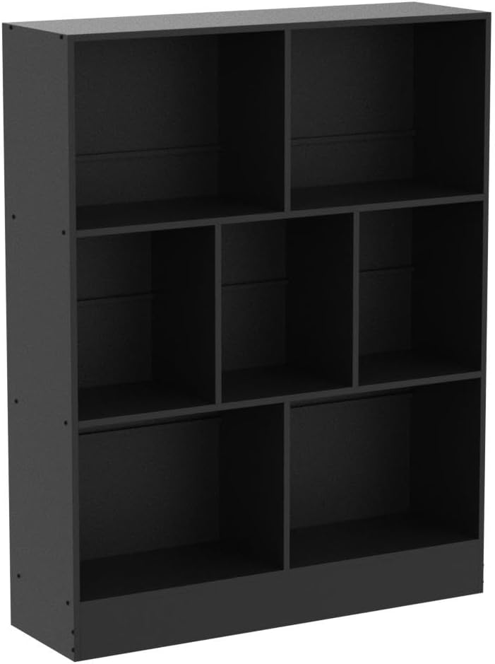 YAHARBO Black 7 Cube Bookshelf,3 Tier Modern Horizontal Bookcase,Wooden Low Book Shelf Display Storage Cabinet with Base,Floor Standing Short Bookshelves Open Organizer for Bedroom,Living Room,Office