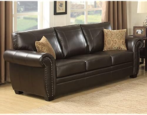 AC Pacific Louis Traditional Upholstered Leather Living Room Piece with Antique Brass Nail Head Trim, Sofa, Umber