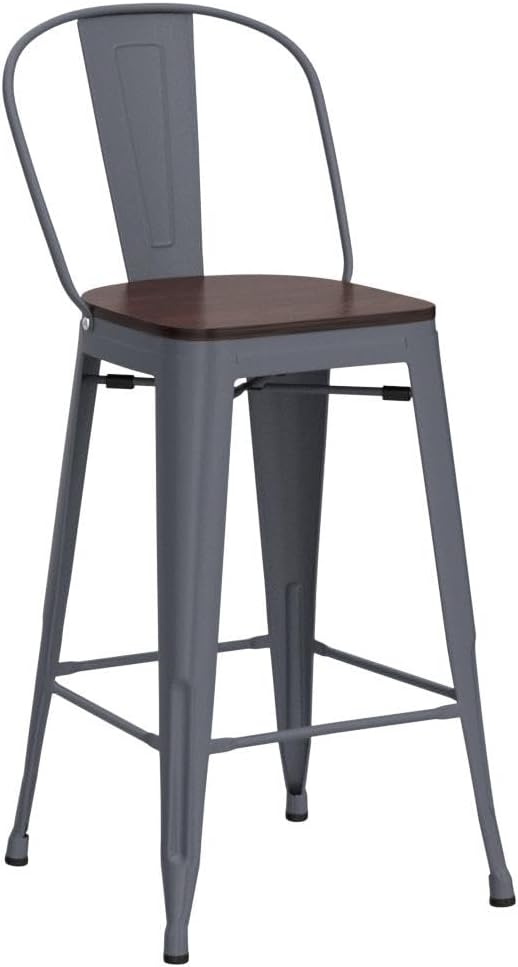 Yongqiang 26 inch Bar Stools Set of 4 Kitchen Counter Height Bar Chairs High Back Silver Metal Barstools with Large Wooden Seat