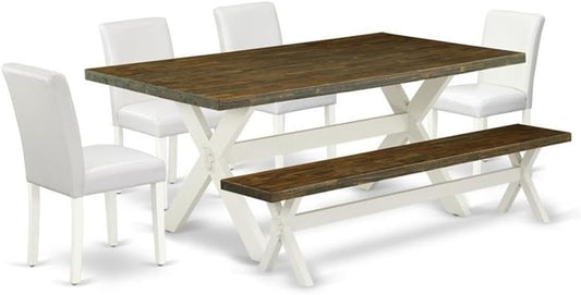 East West Furniture X077AB264-6 6 Piece Dinette Set Contains a Rectangle Dining Table with X-Legs and 4 White Faux Leather Parson Chairs with a Bench, 40x72 Inch, Multi-Color