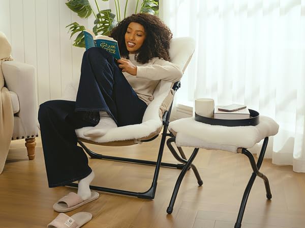 HollyHOME X-Large Saucer Chair with Foldable Ottoman, Comfy Oversized Folding Chair and Folding Footrest Stool Set, Faux-Fur Reading Chair and Footstool for Living Room, Bedroom, Beige Chair&Stool