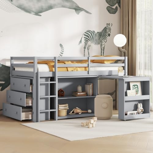 KEIKI Twin Size loft Bed with Pull-Out Desk & Drawers & Open Shelves, Wood Loft Bed with Guardrail, Low Twin Bed for Kids, Grey