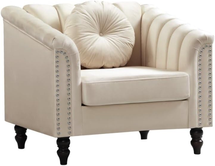 Accent Chair, Single Couch Chair with Style Button Tufted, Scroll Arms and Nailhead for Living Room, Office, Apartment, White