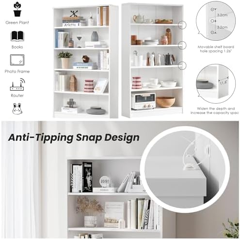 Bookshelf, 5 Wooden Book Shelf Bookcase with Freestanding Display Storage, Open Modern Bookshelf for Bedroom, Living Room, Dinning Room, Office, 60Inch, White