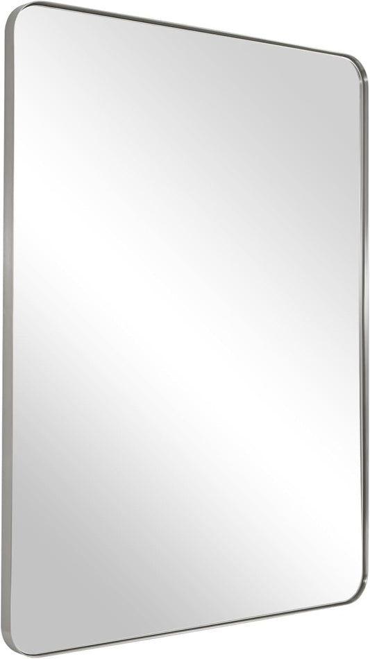 ANDY STAR Wall Mirror Brushed Nickel for Bathroom, 24x36x1 Rounded Rectangle Mirror with Stainless Steel Silver Metal Frame, Modern Bathroom Vanity Mirror