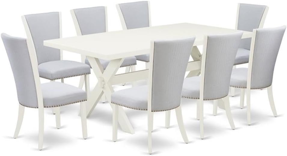East West Furniture X027VE005-9 9 Piece Dining Room Table Set Includes a Rectangle Kitchen Table with X-Legs and 8 Grey Linen Fabric Parson Dining Chairs, 40x72 Inch, Multi-Color