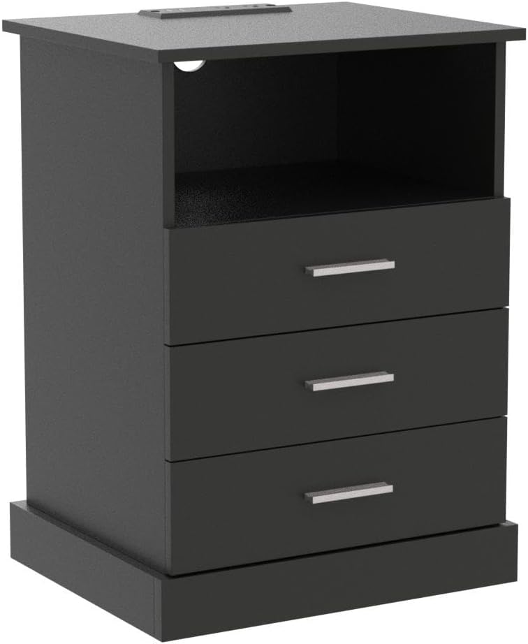 Black LED Nightstand with Charging Station, Side Table with 3 Drawers and Light, End Table with Open Storage, Beside Cabinet for Bedroom (Black)
