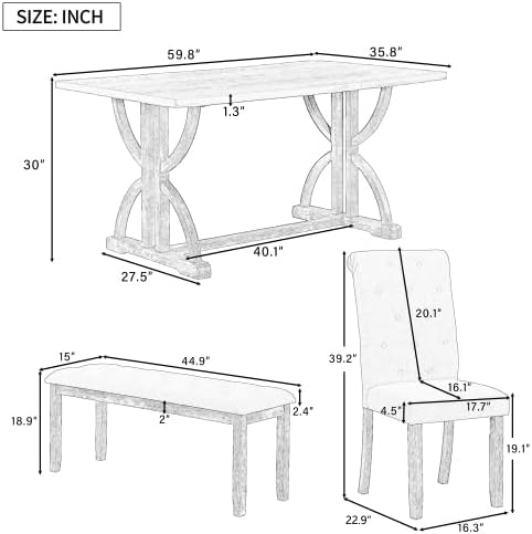 SogesHome 6-Piece Dining Table Set with Upholstered Chairs and Bench, Modern Retro Rectangular Kitchen Table, Rustic Farmhouse Style Decor Dining Table for Dining Room, Breakfast (Natural Wood Wash)