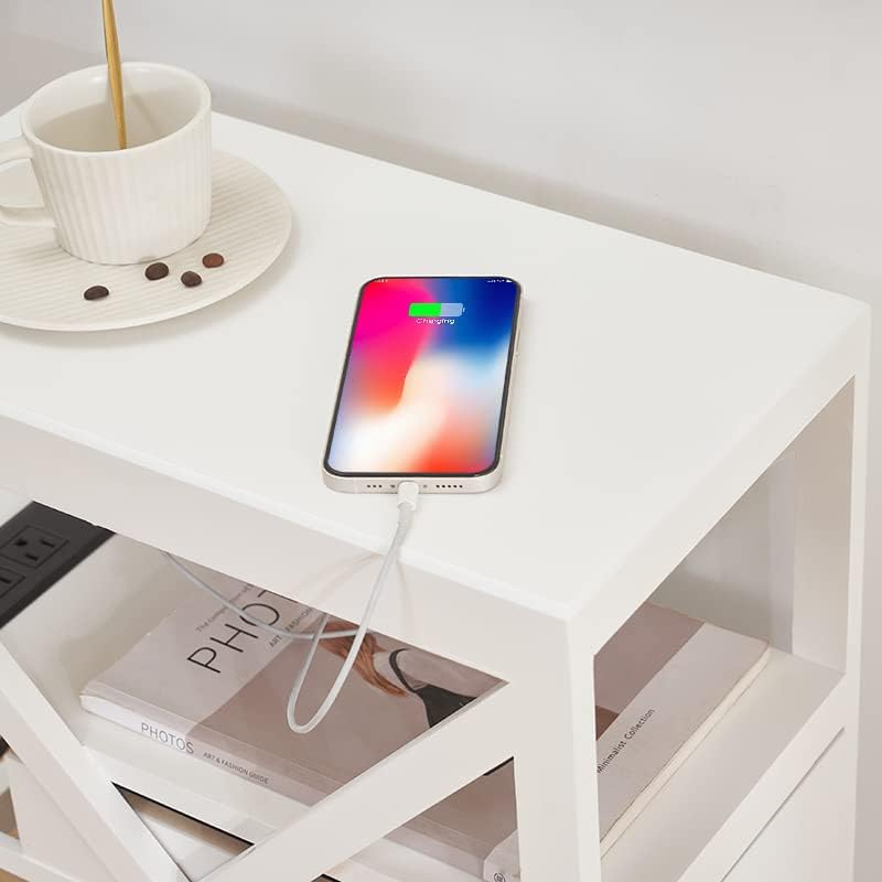 Fully Assembled Narrow Side Table with Charging Station, No Assembly Narrow Nightstand with USB Ports, Pre Assembled Skinny End Table with Outlets for Living Room, Bedroom-White