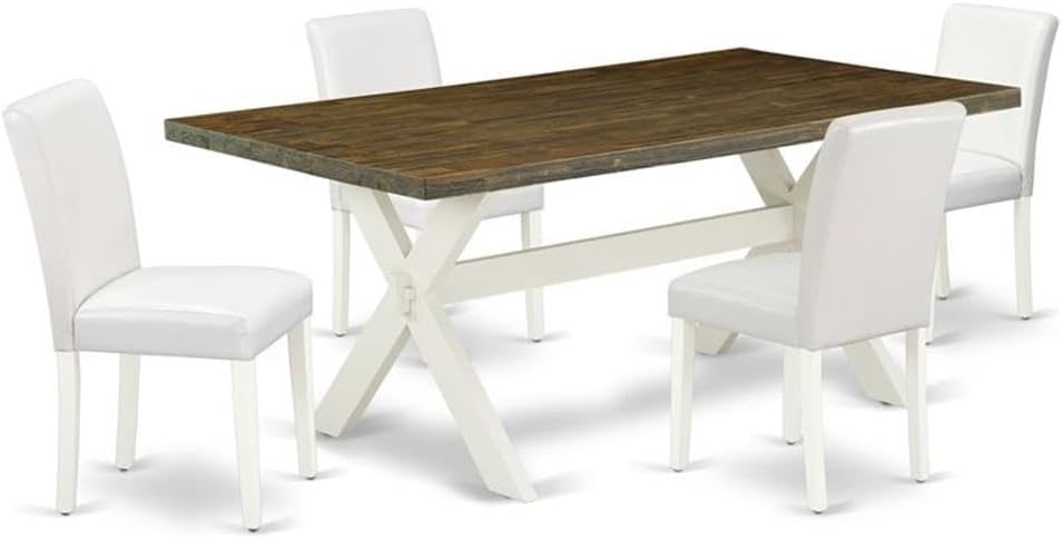 East West Furniture X077AB264-5 5 Piece Modern Dining Table Set Includes a Rectangle Wooden Table with X-Legs and 4 White Faux Leather Parsons Dining Chairs, 40x72 Inch, Multi-Color